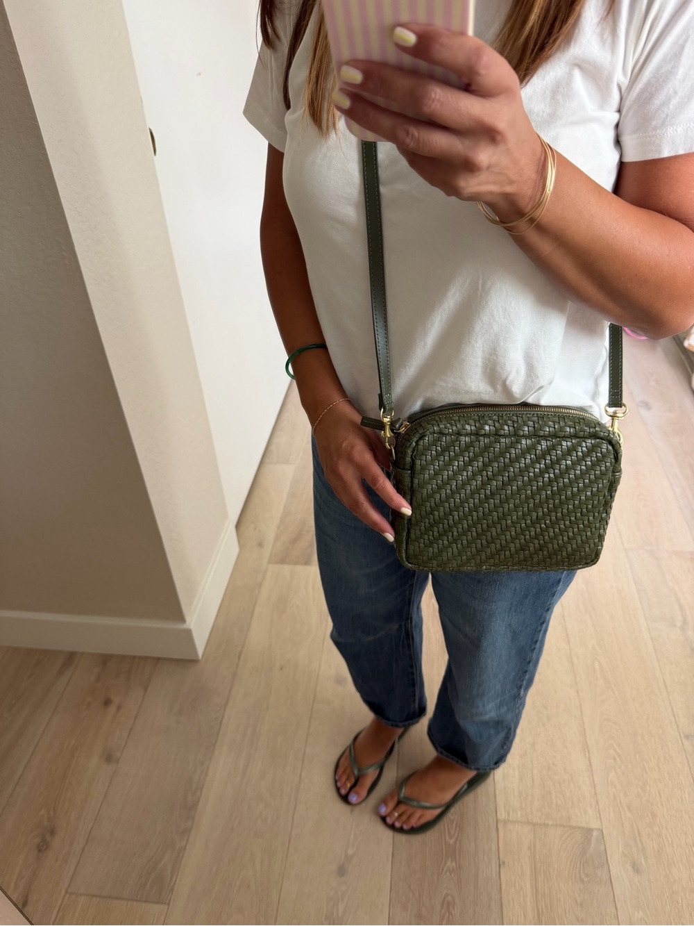 Clare V Olive Green Herringbone Woven Leather Midi Sac Crossbody Bag EUC - Picture 7 of 11